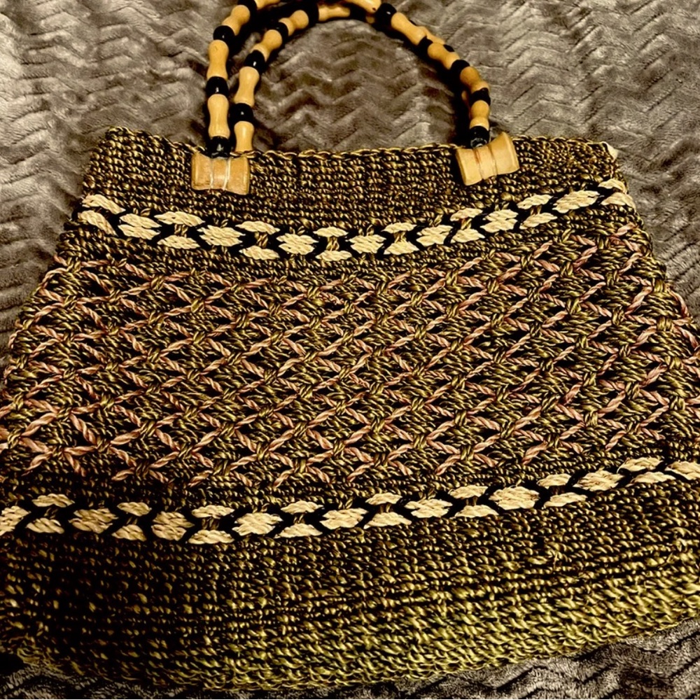 Vintage Hand Made Medium Tote Green And Pink Hues With Bamboo Handles